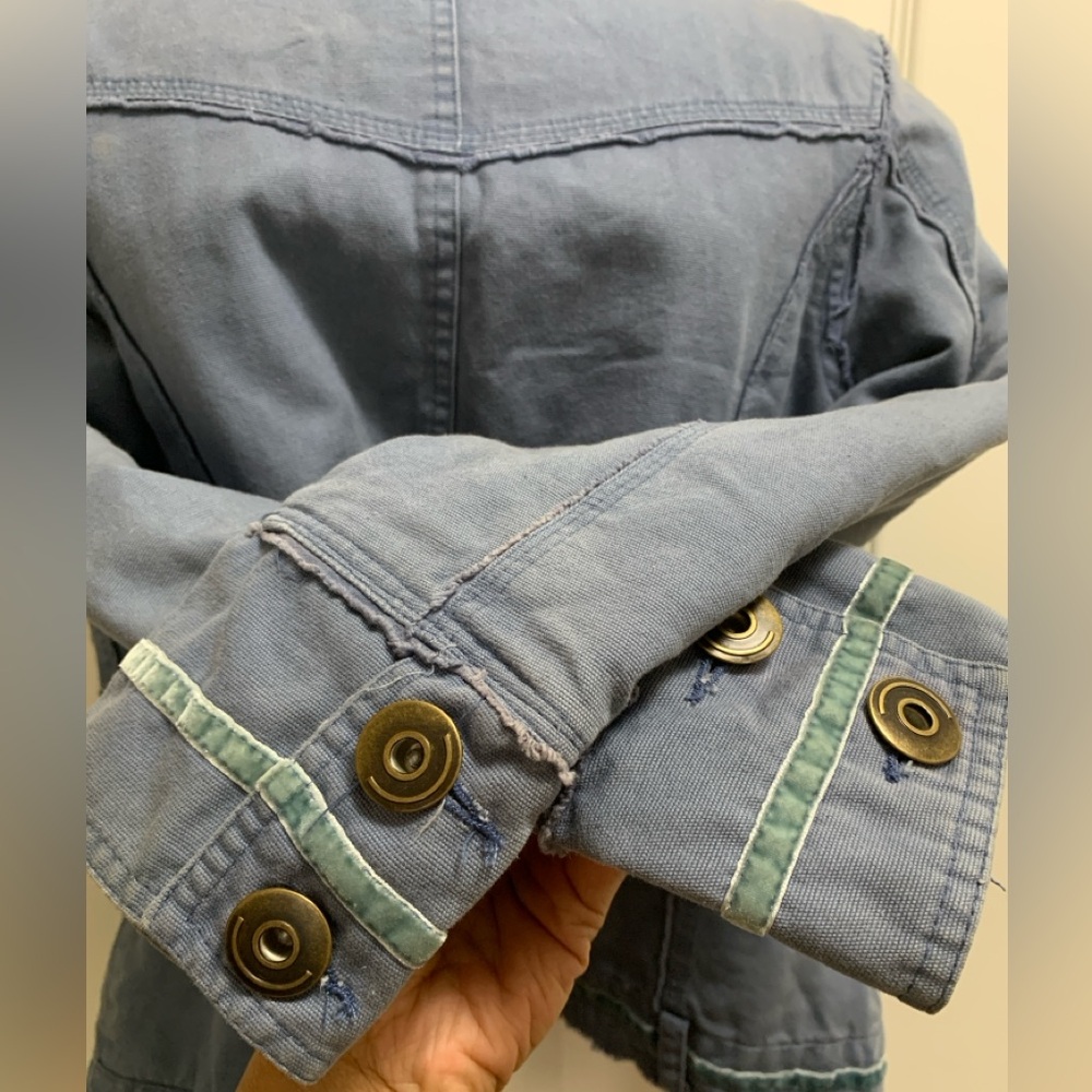 Denim Blue Size Small Lined Nikita Jacket Funnel Collar frayed hem Velour Piping - Picture 10 of 14
